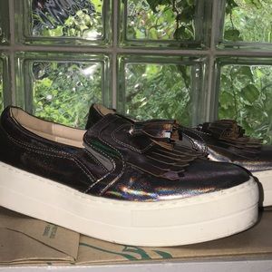 Metallic gold platform loafers with tassel flap